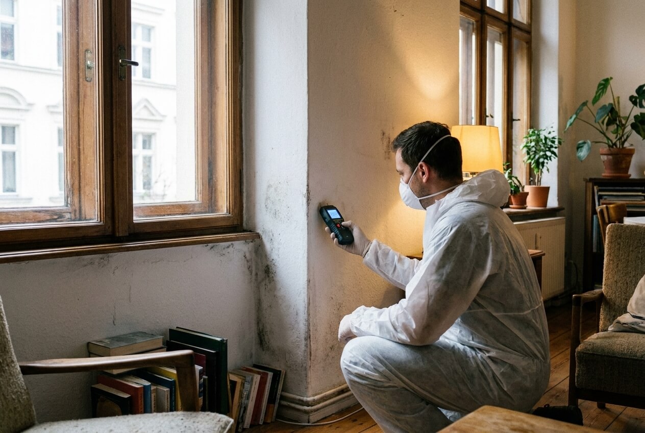 Strolz Schimmel Fachmann misst Feuchtigkeit an einer schimmelbelasteten Innenwand