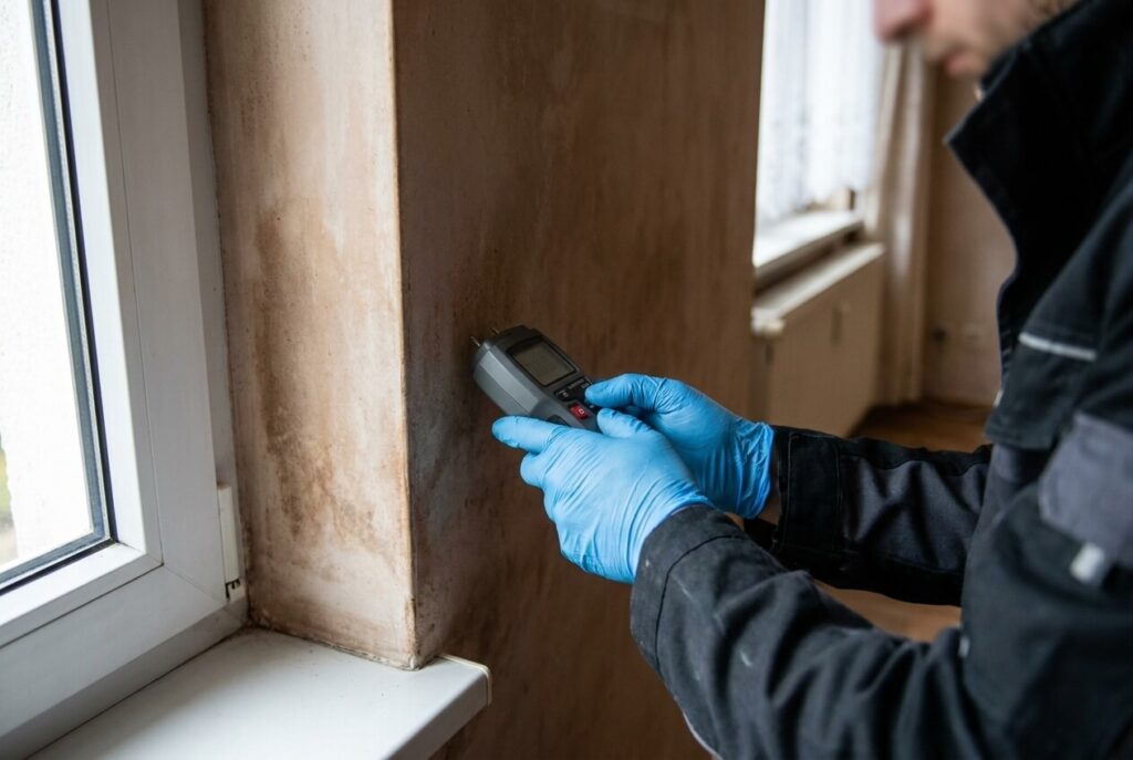 Digitale Feuchtigkeitsmessung an einer feuchten Fensterlaibung vor der Schimmelentfernung