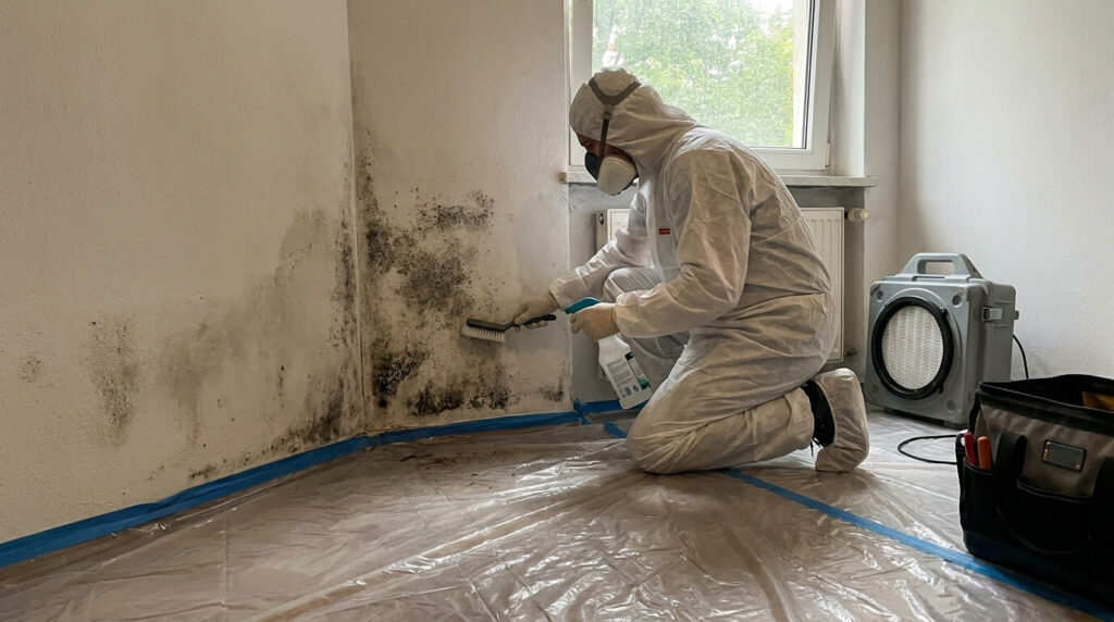 Schimmelsanierer entfernt Schimmel an einer Wand mit Schutzkleidung und Spezialausrüstung