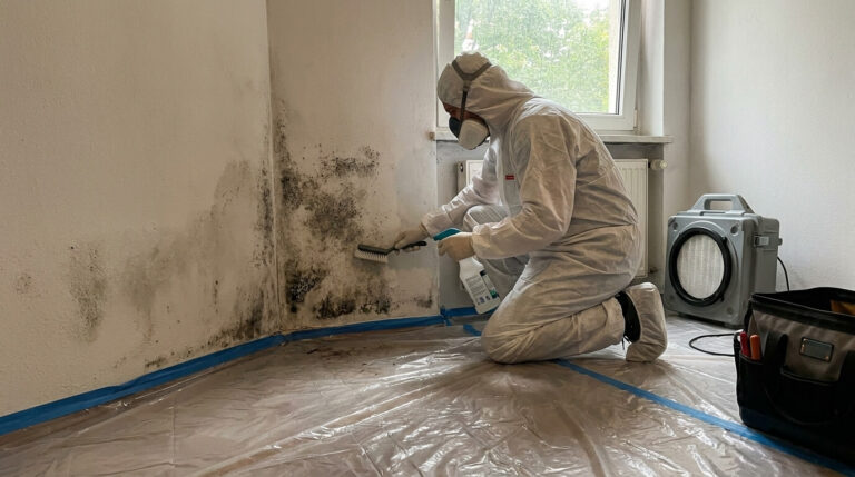 Schimmelsanierer entfernt Schimmel an einer Wand mit Schutzkleidung und Spezialausrüstung