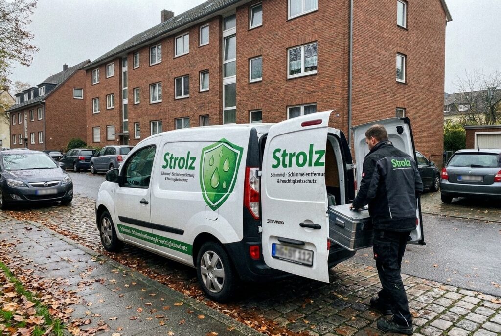 Strolz Schimmel Einsatzfahrzeug vor einem Mehrfamilienhaus in Deutschland